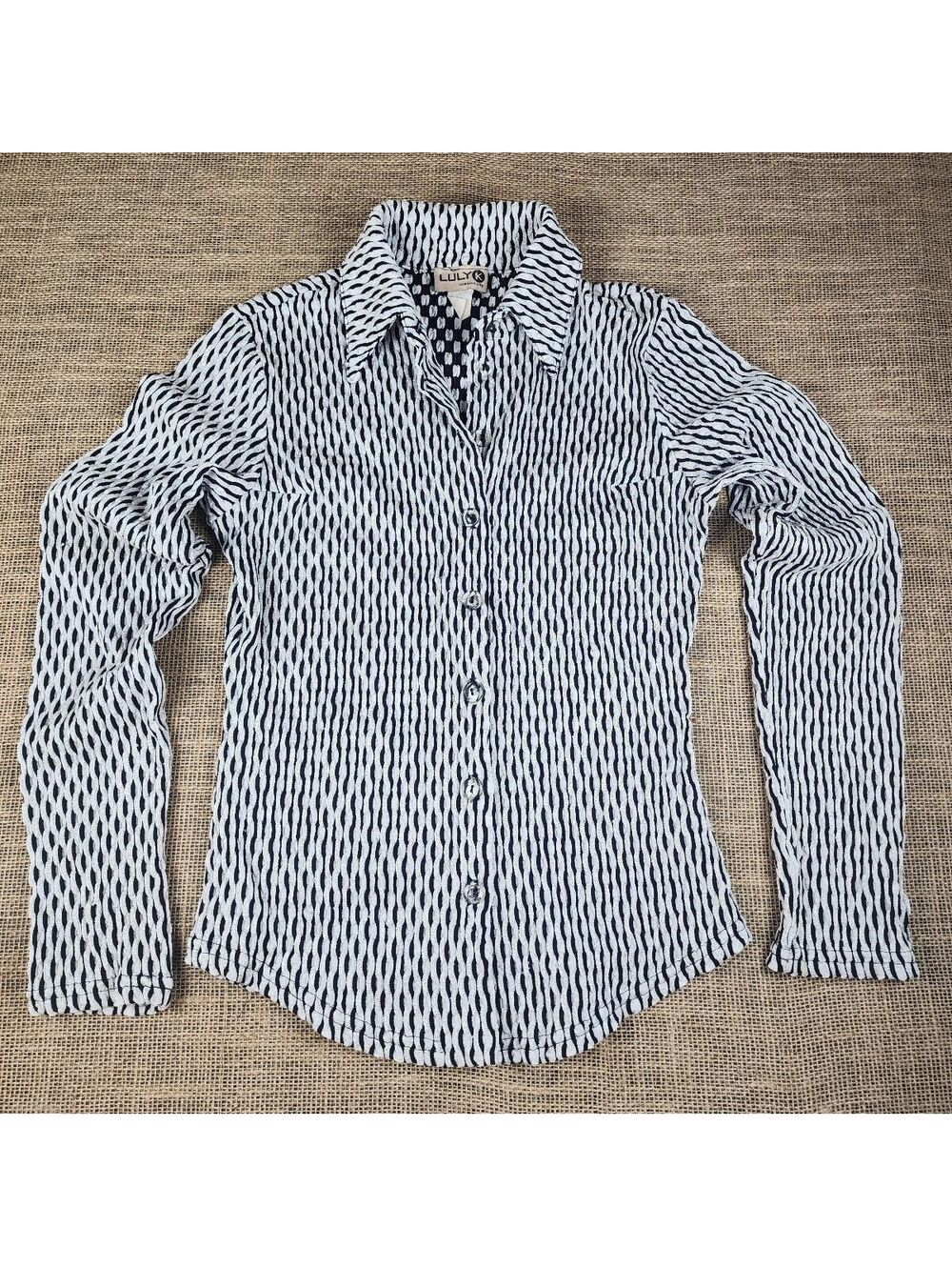 Luly K Long Sleeve Button-Up Blouse Y2K Style Career Work Geometric Small